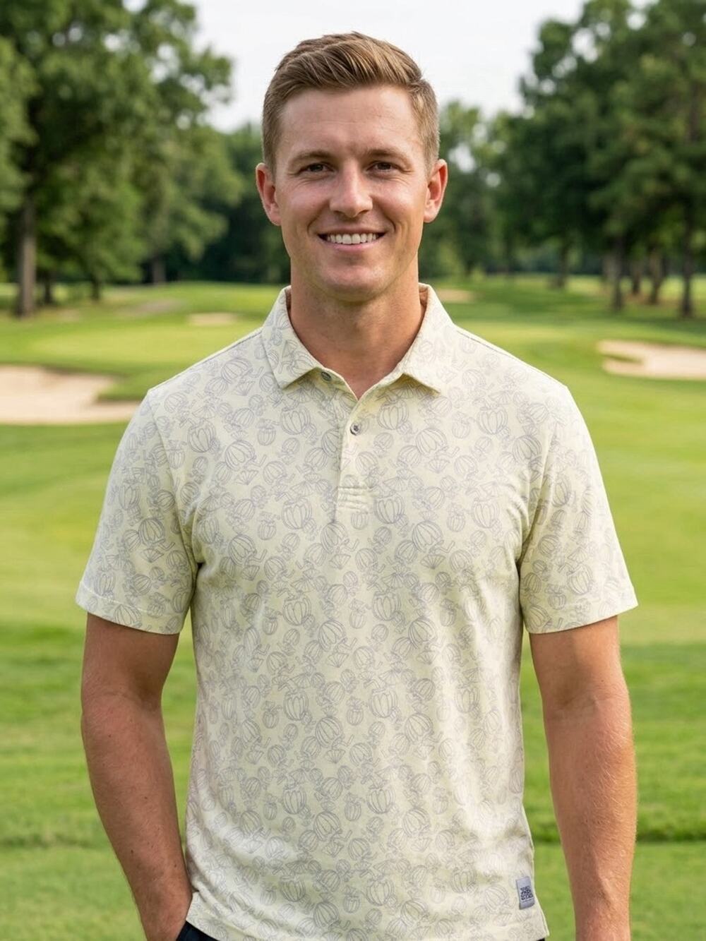 PGA Tour Men's Golf Polo Shirt Small Yellow Tropical Coconut Drink Graphic Print